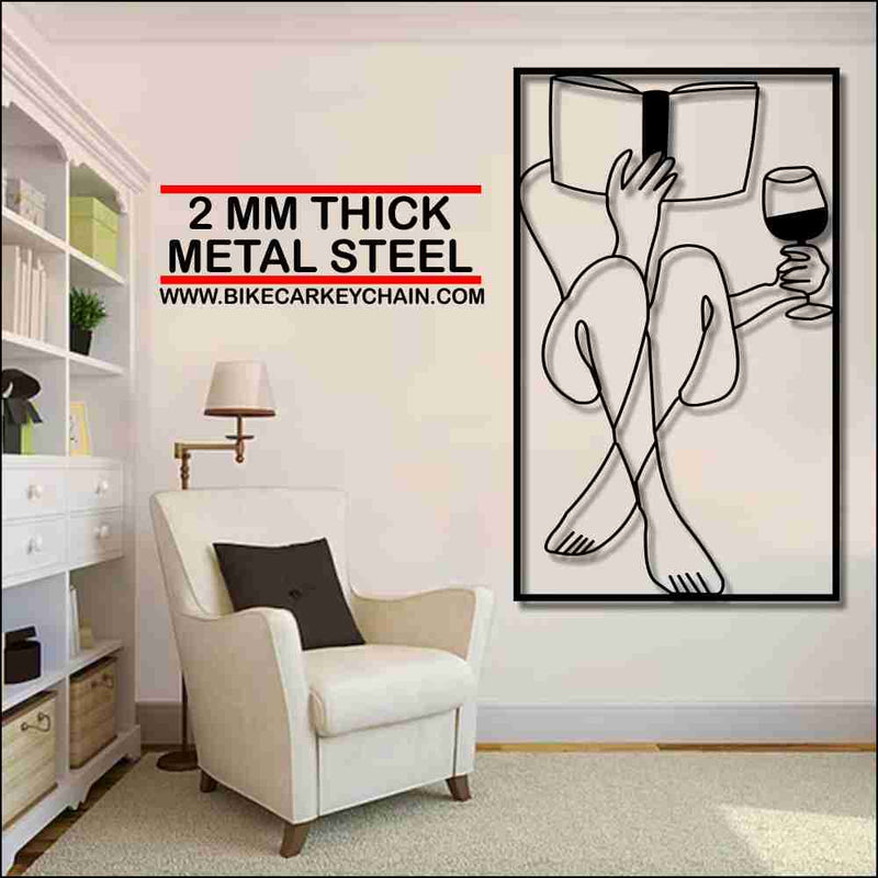 Woman Reading Book Wine Minimalist Metal Wallart